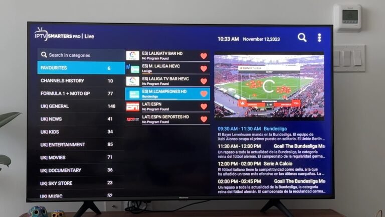 IPTV Smarters Pro channel list displayed on a Smart TV screen